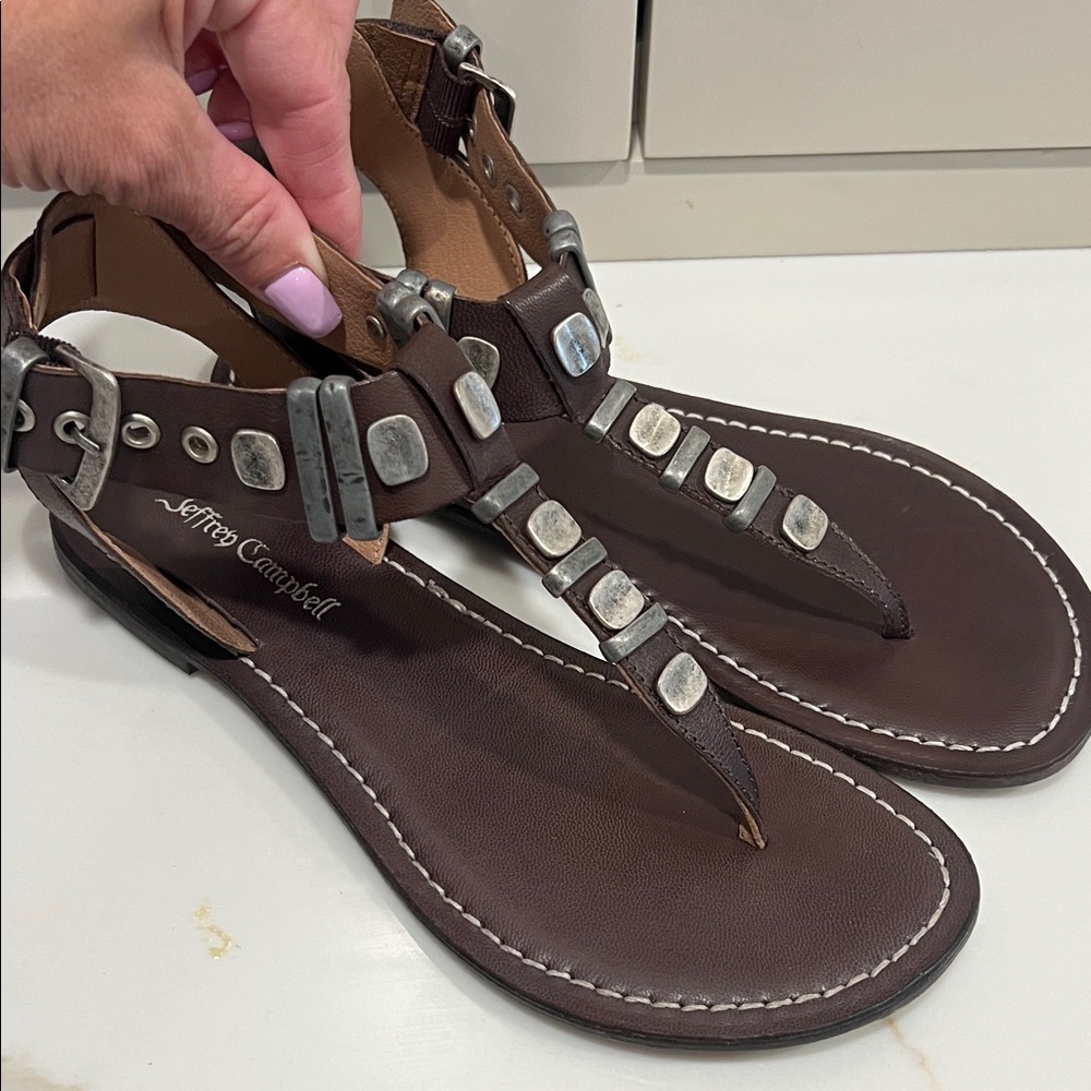 Jeffrey Campbell Dark Brown Leather Studded Thong Sandals